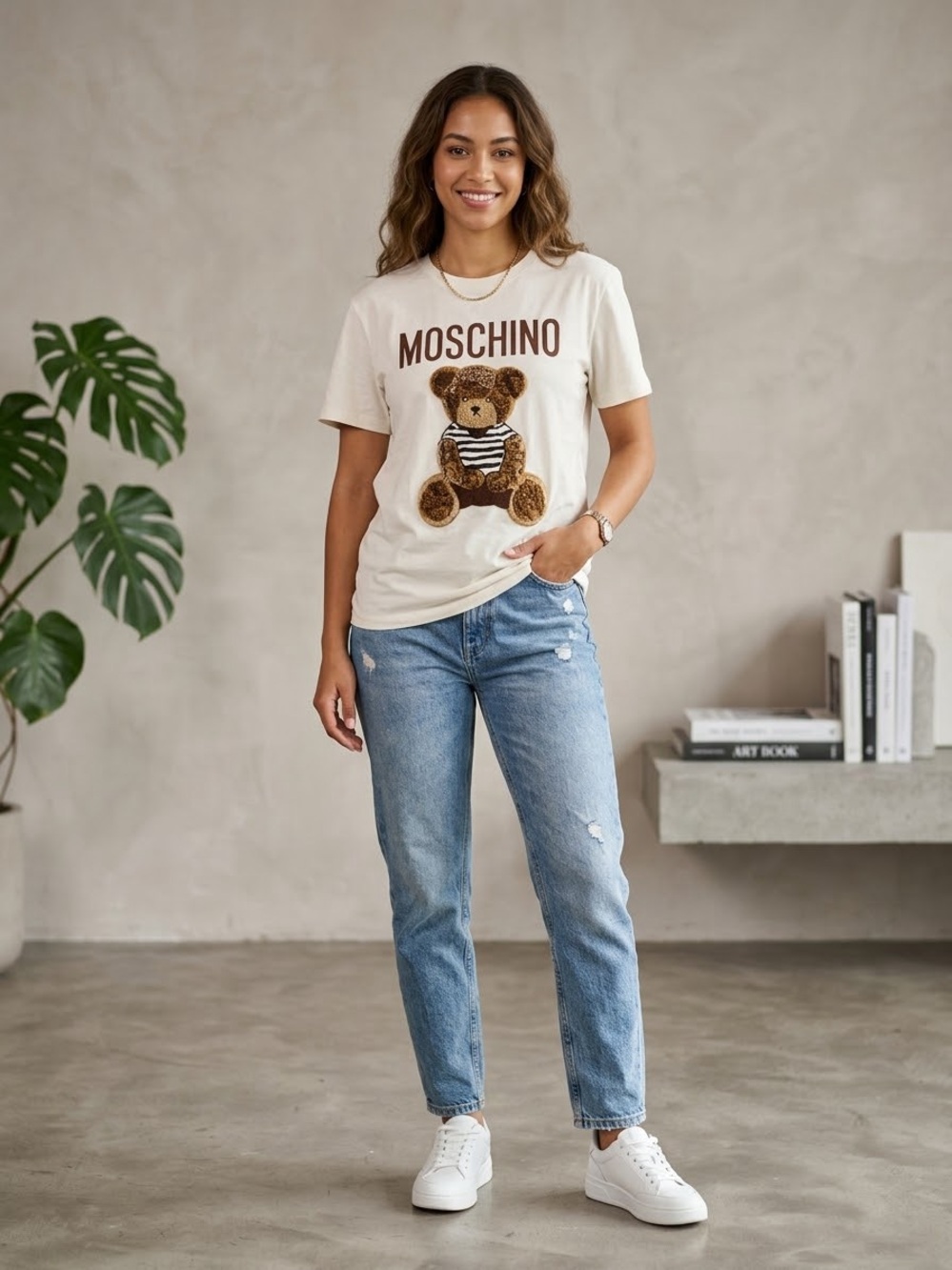 Moschino Cream Tee with Brown Teddy Graphic